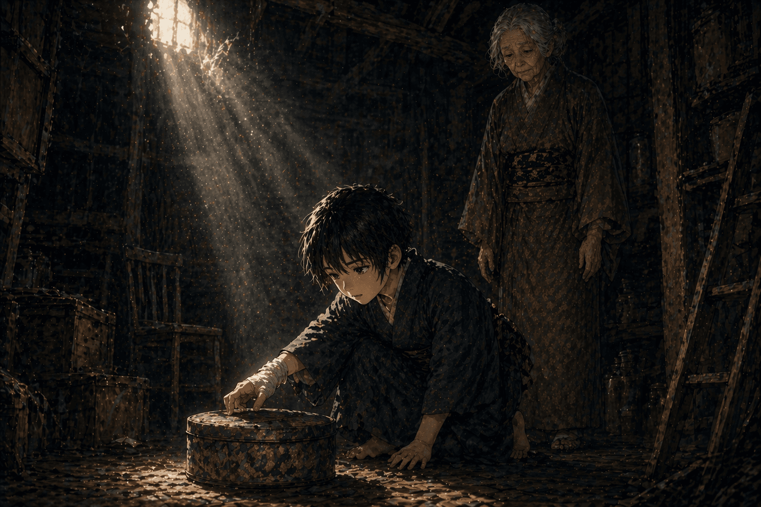 幼小的孙子跪在地下室光柱下,右手缠着纱布伸向一只旧铁盒;奶奶静静立于身后
