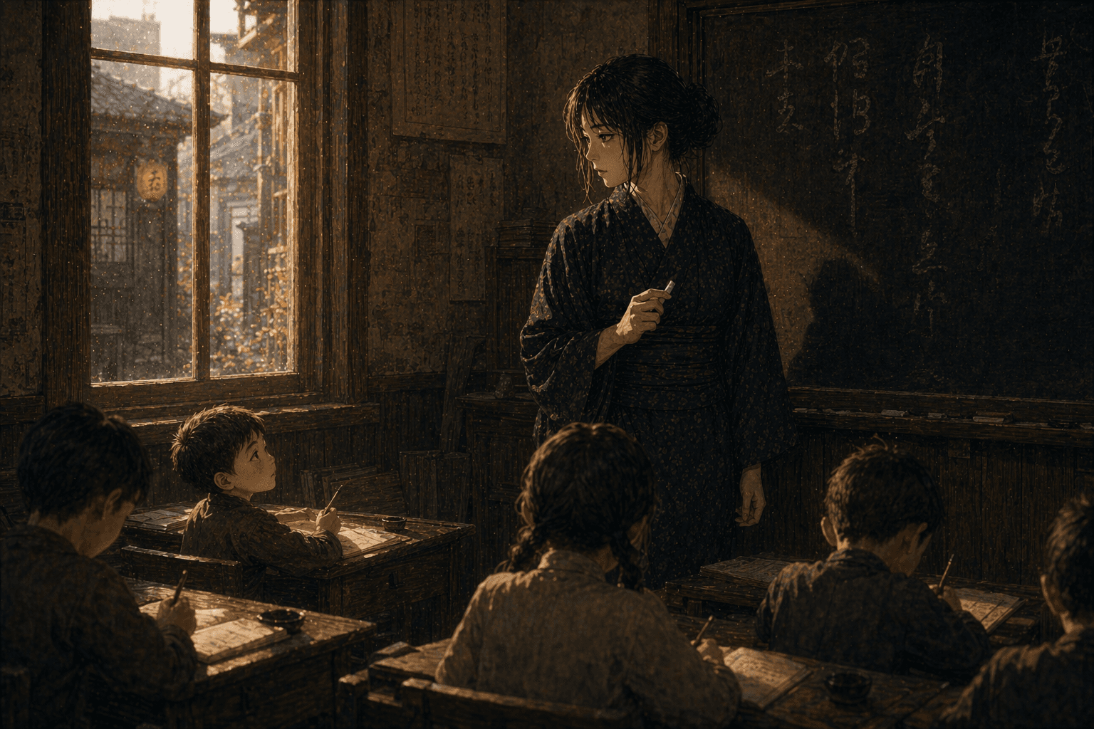 青岛学堂的教室里,麻子立在黑板旁手拈粉笔,目光却望向窗外那条通往旧城的巷子;台下几个中国小学生埋头写字,靠前的一个孩子仰起头静静看她