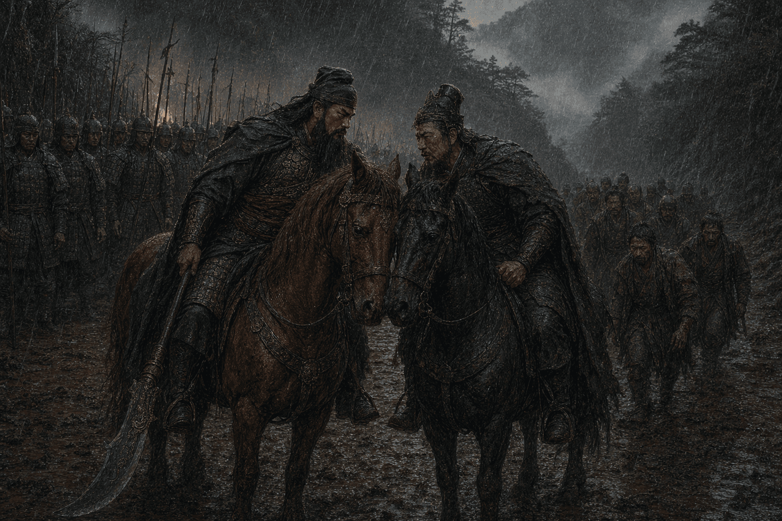 冷雨笼着华容道——关羽横持青龙偃月刀立于泥中,赤兔马与曹操座骑头颈相抵,两员旧敌贴脸低语;身后,关羽的长枪列阵森然如墙,曹操的残卒却一路踉跄拖出泥水,这一纸史上写不进去的暗约,便是在此刻缝下