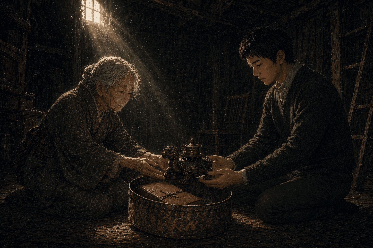 地下室气窗斜下来的光柱中,旧铁盒敞开放在两人之间——祖母双手轻托起那件暗沉的龙龟铜器,穿灰毛衣的孙子也俯身伸手去接;光尘缓缓旋,握了几十年的一件旧物正静静被交出去