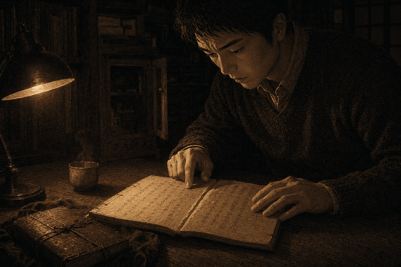 深夜の書斎、卓上の電気スタンドが暖かな光を机の上に落としている。孫は松平家の古い家譜を開いたまま身を屈め、綴じ目に残る細く白い切り口に指を置いたまま動けない——大正のある数年が、誰かの手で密かに切り取られていた