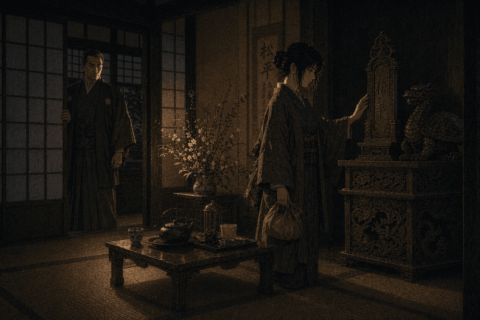 松平家へ戻った夜——旅装を解く間もなく、麻子は右手を上げて供物台の「松平」と刻まれた札木にそっと触れようとしている。胸元には中国から持ち帰った布包。障子の奥、廊下の影から姿を現したのは家紋入りの濃灰の羽織を纏う壮年の男——敬一郎。その顔には驚きではなく、静かな支配のまなざしが浮かんでいる