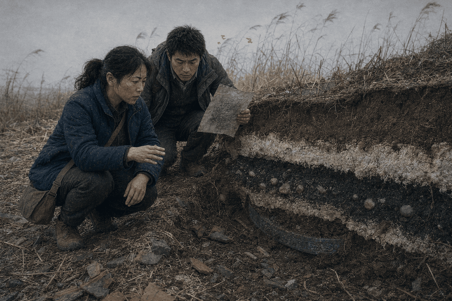 冬日江堤一处塌口——断面上灰白石灰层、黑亮炭土、压实的铅泥和几颗卵石层层叠出,最底下半埋着一截青铜古器的青绿色边缘;刘砚秋低蹲着,手悬在断面几厘米外,孙子把副座摹图举在一旁反复比对——谁都没有伸手