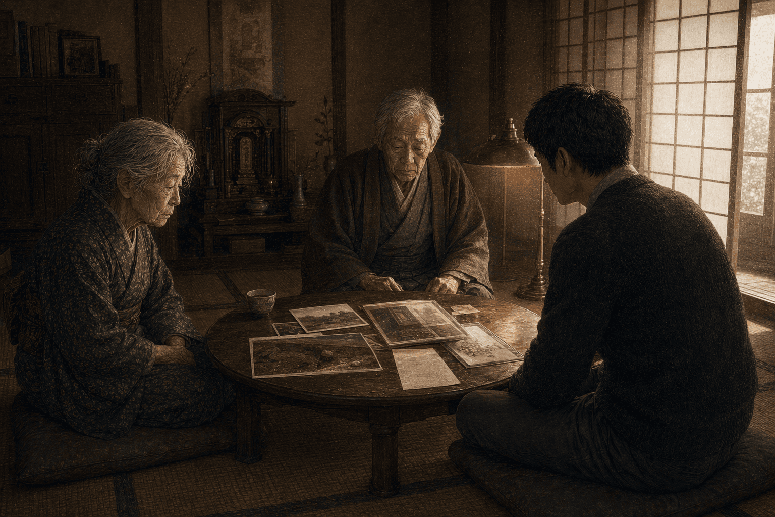 神奈川旧屋里的一张矮桌上,封痕照片、供物台近照和那张缺页碎片并排摊着——八十多岁的叔公坐在对面,面容塌了下去;祖母合手在侧,没有一声追问,只让那几张纸自己替几十年的沉默作证;孙子坐在第三边低首静听