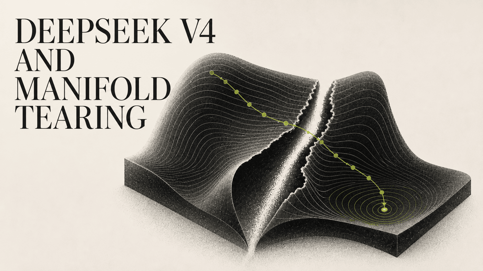 Cover illustration: a black, contour-lined manifold split down the middle by a jagged tear; a green token trajectory crosses the surface and resolves into a stable basin on the right. Title 'DeepSeek V4 and Manifold Tearing' set in display type on the left.