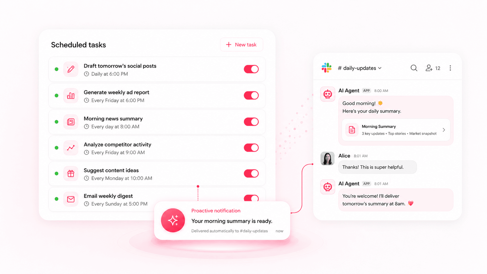 Kocoro running scheduled tasks and pushing a finished morning summary into a chat channel.