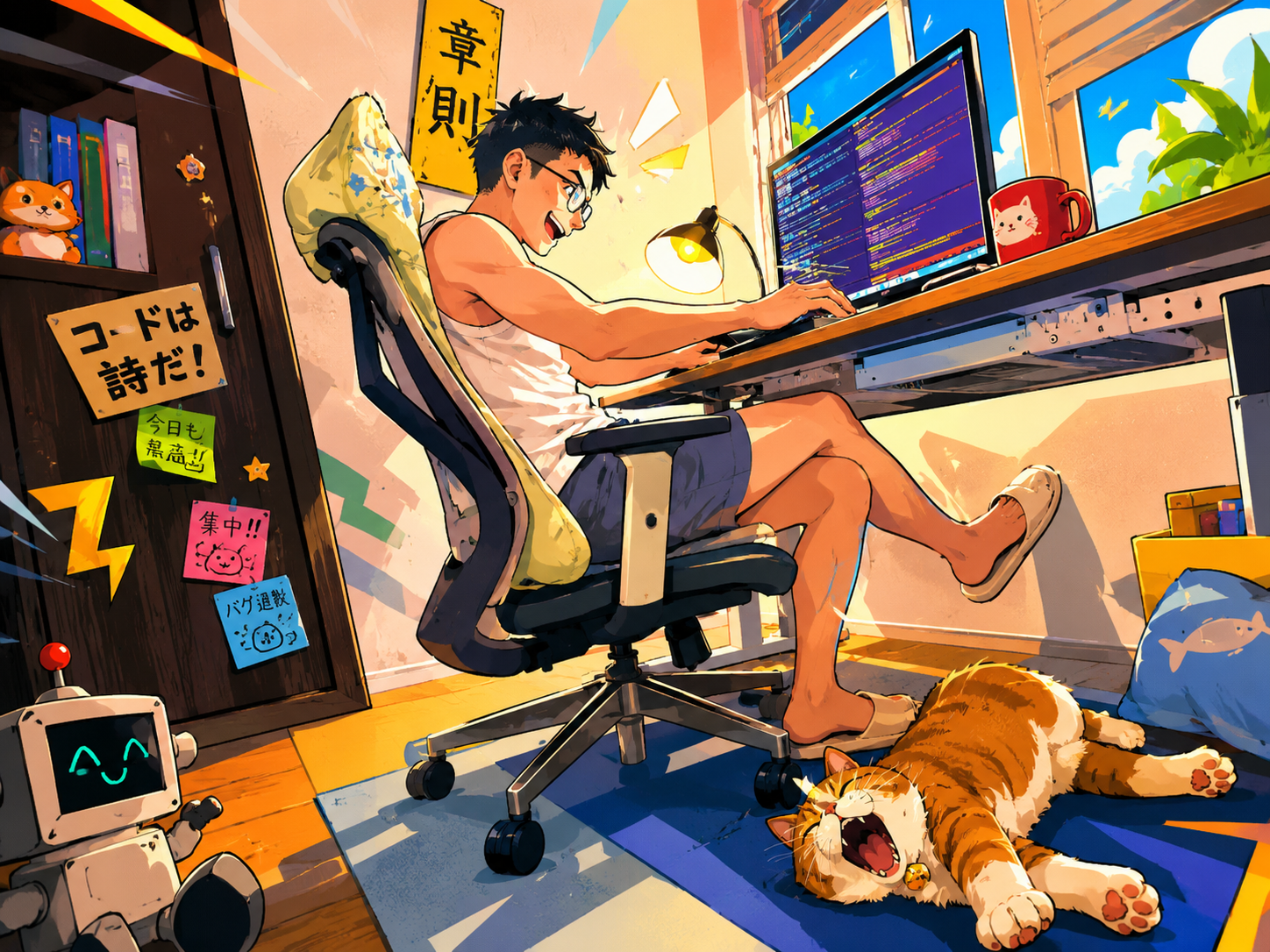 Illustration of Wayland coding at his desk